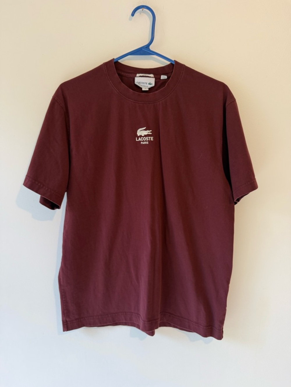 Lacoste Paris Burgundy Embroidered Logo Tee Shirt Classic Fit Unisex Medium M